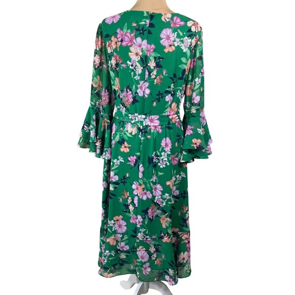 Eliza J Floral Faux Wrap Dress Green Flutter Sleeve Size 16 - Picture 3 of 9
